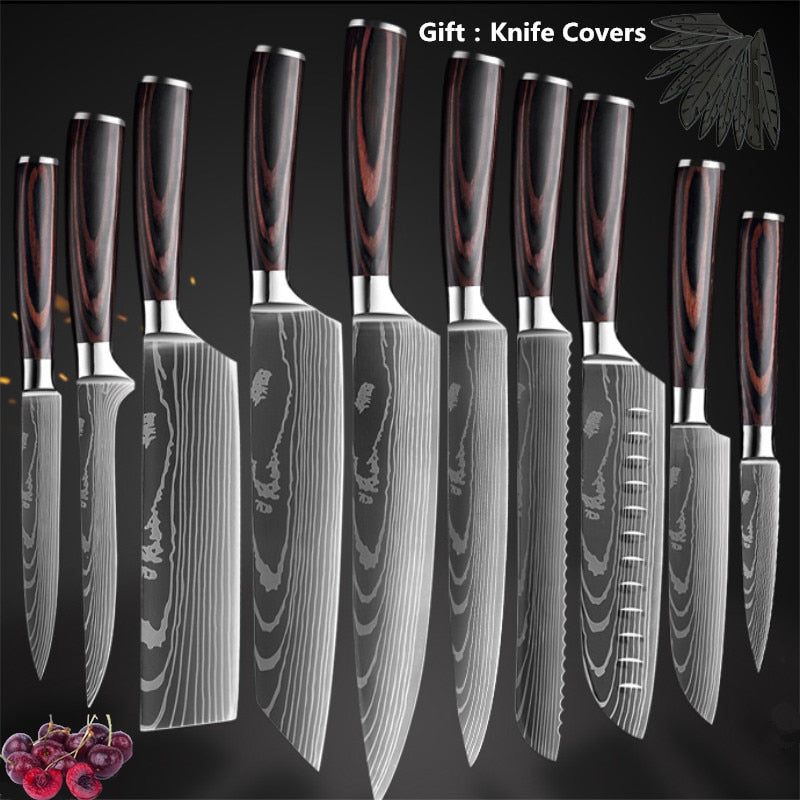 8PCS Kitchen Knives Set ,Stainless Steel Chef Knife Set,Japanese Damascus  Style ,Black 